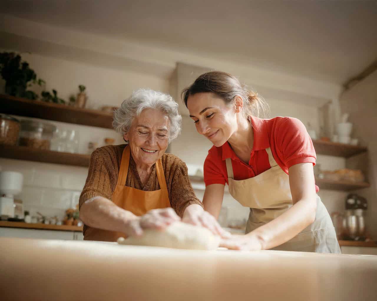 Live-in Caregiver helps woman make home made bread