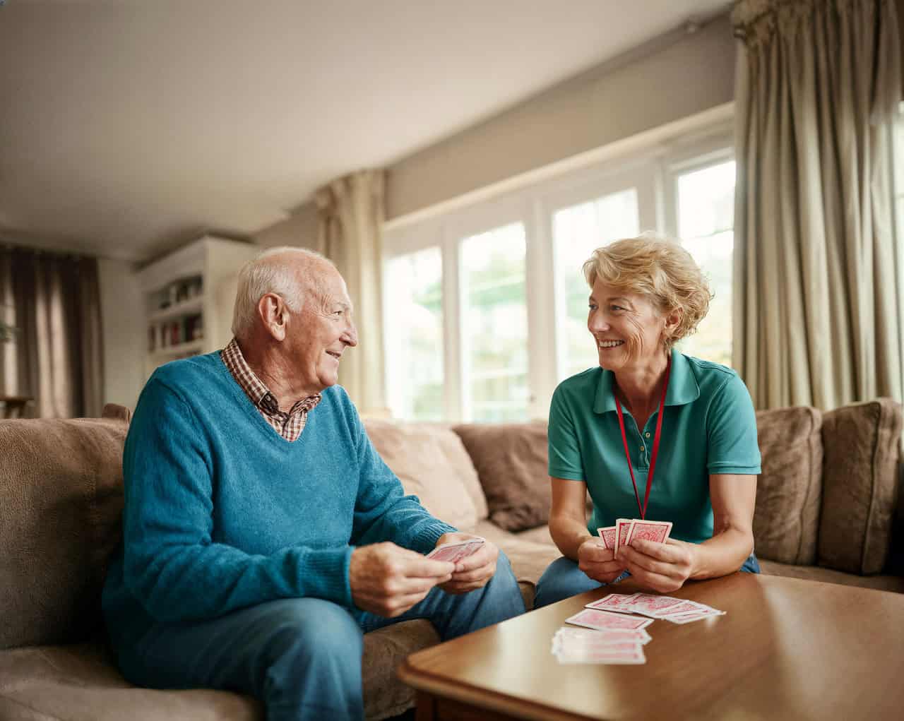 Man plays cards with carer providing companionship services
