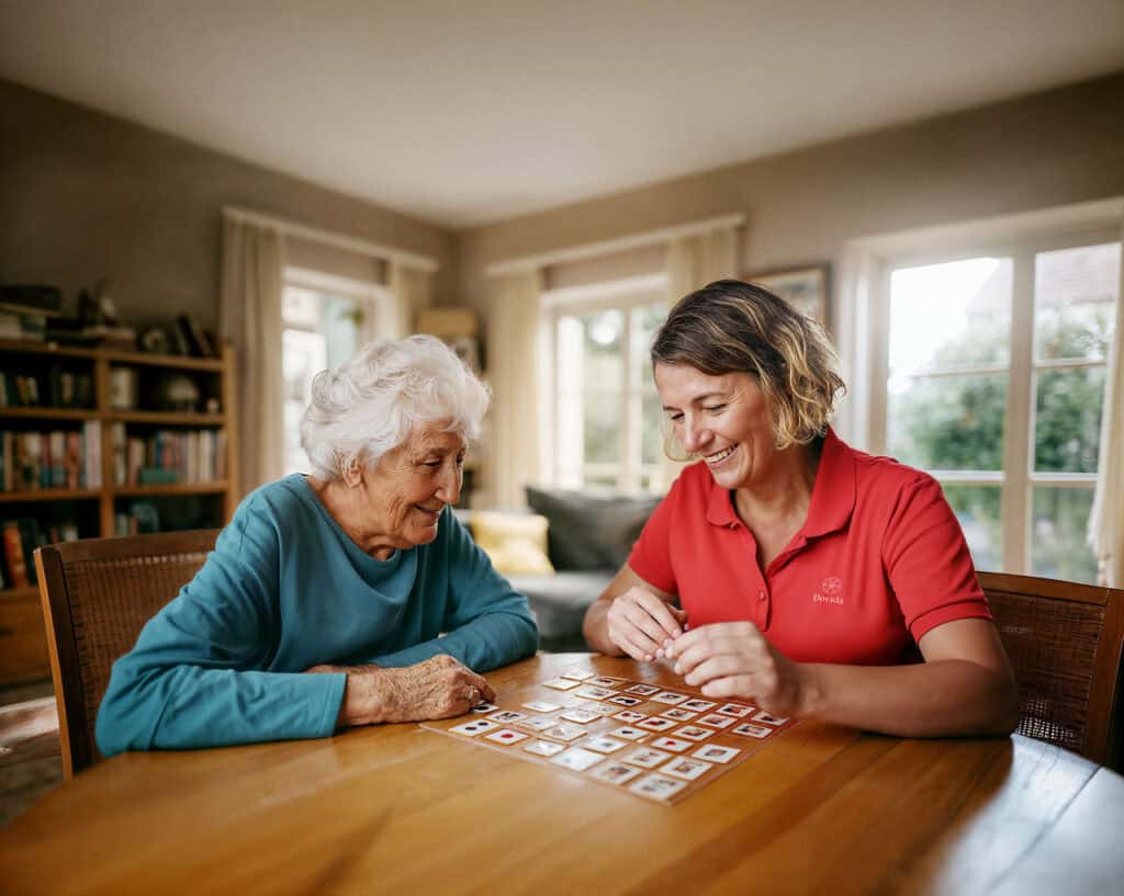 Woman living with dementia plays a brain game with her caregiver