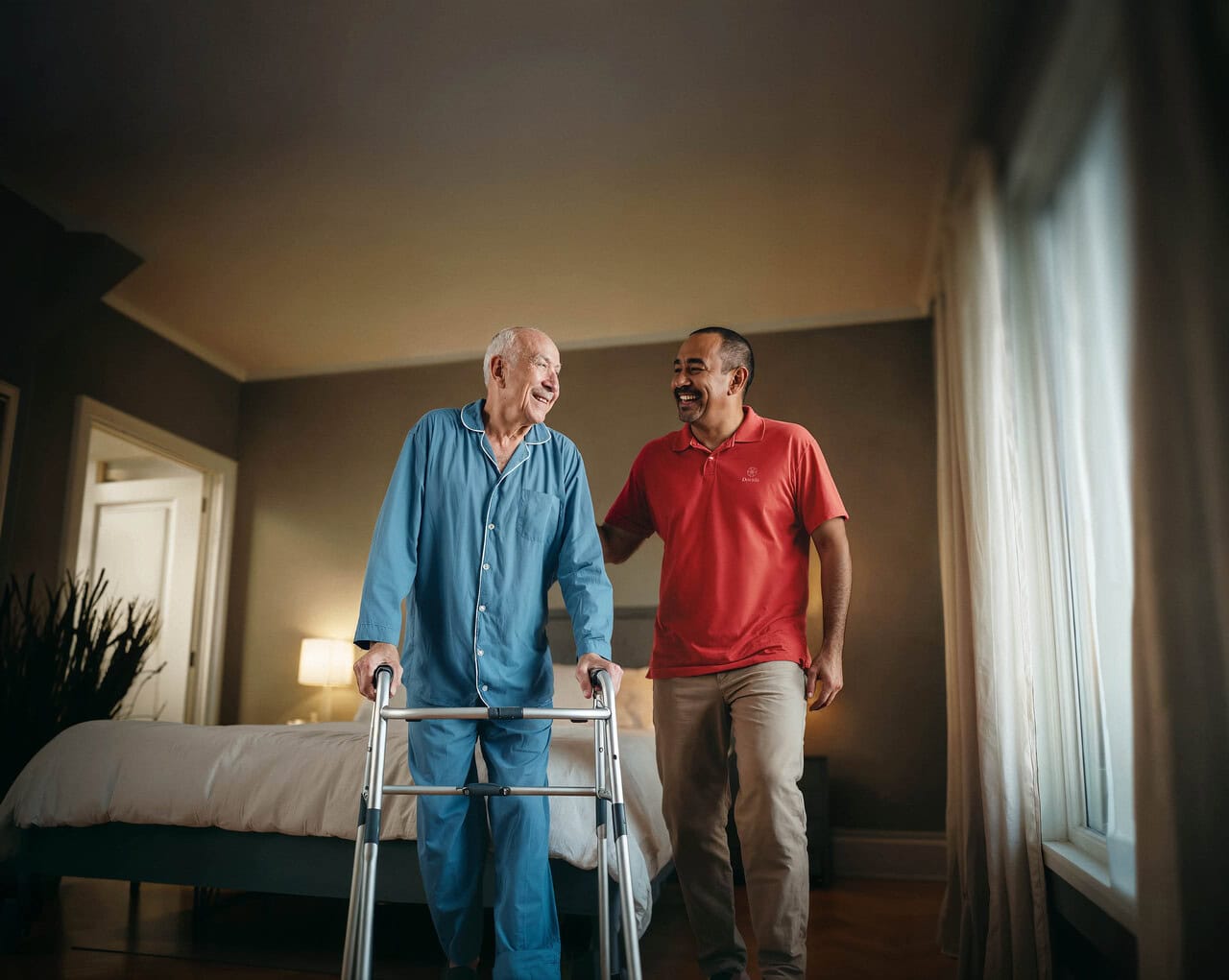 Caregiver helps man to toilet at night with 24-hour care service