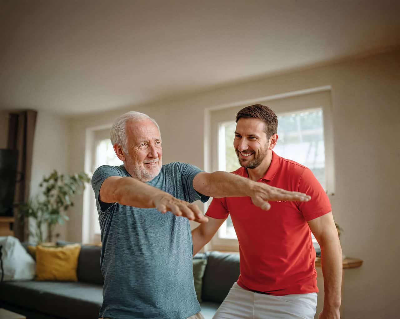 Caregiver assists hospital to home client with light exercise
