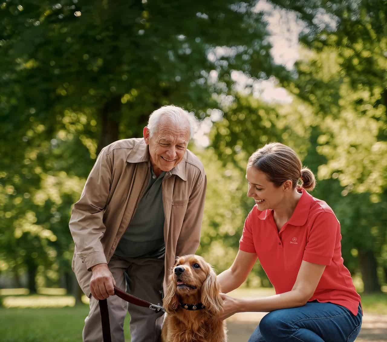 Hosted care caregiver takes client and his dog for a walk