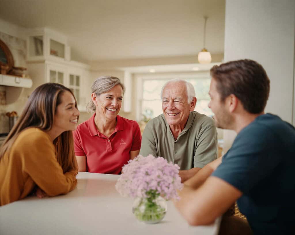 Family and client gather around a table with their caregiver