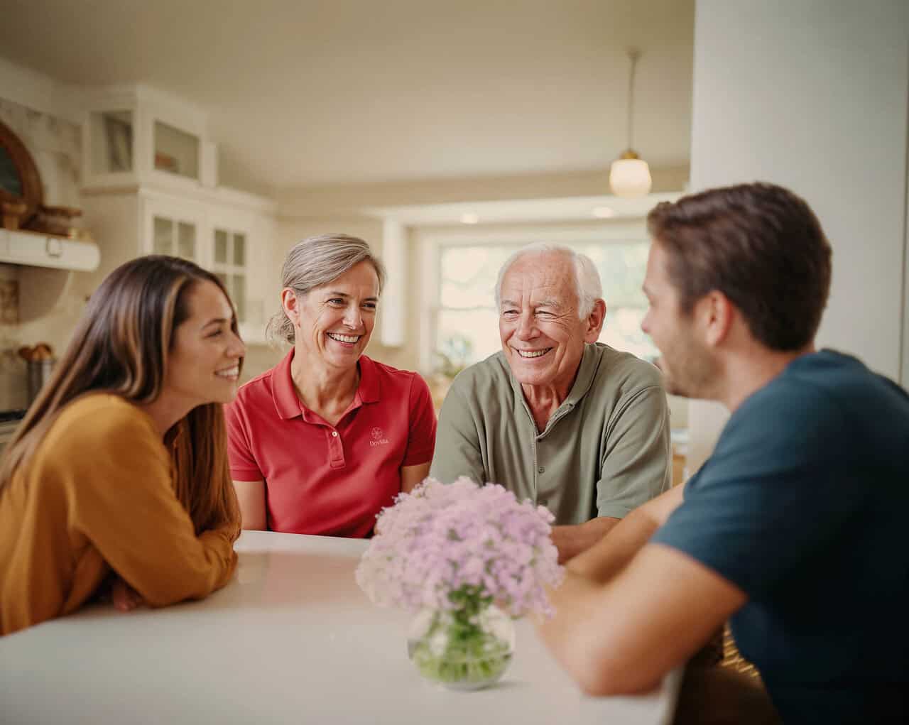 Family and client gather around a table with their caregiver